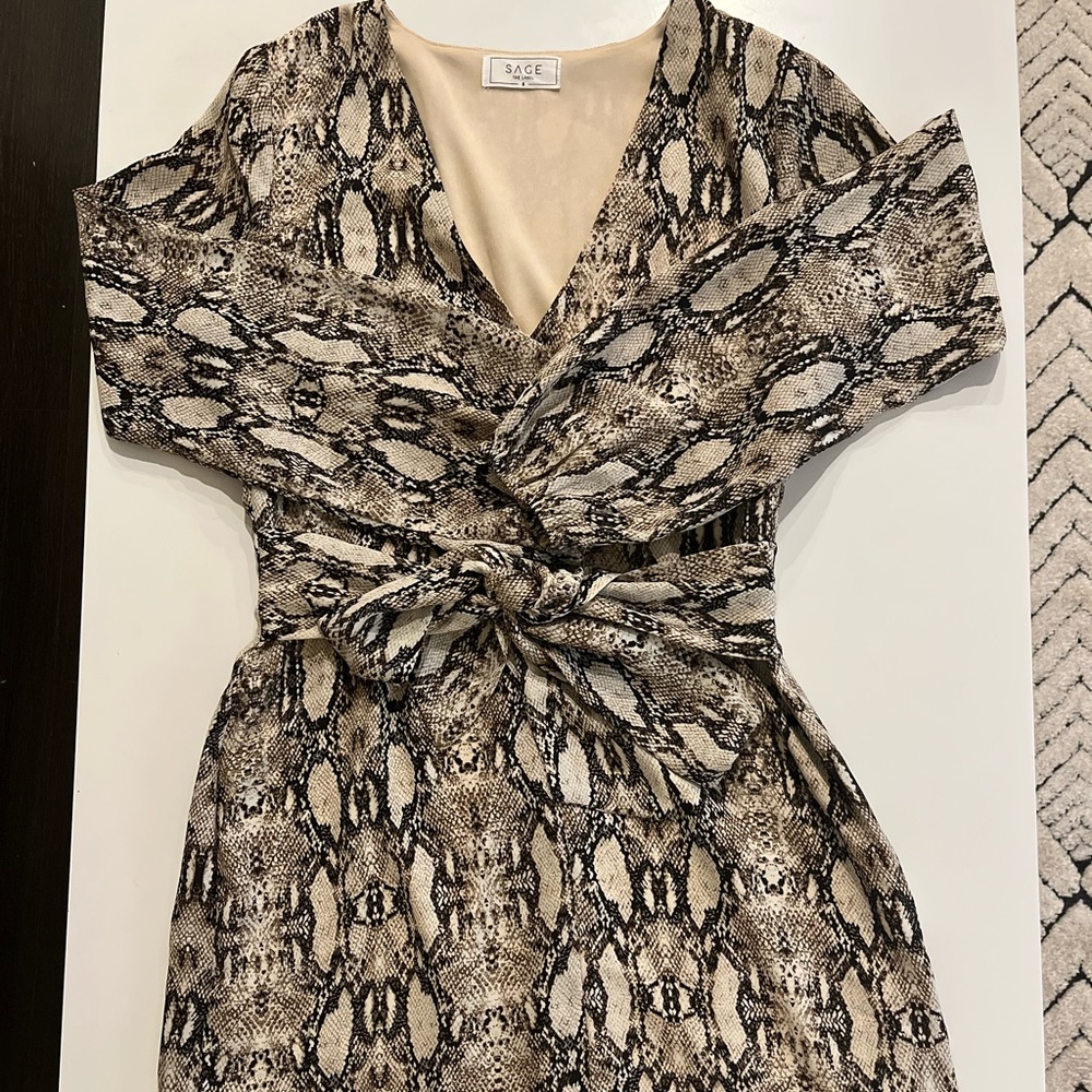 Sage The Label Snakeskin Print Long Skeeve Dress with Tie Waist
